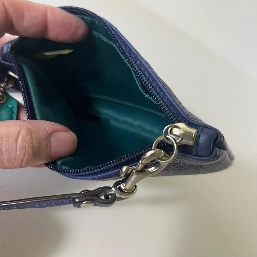 Coach Leather Wristlet Zipper & Bag Charm Blue‎ Green 4 x 5.5